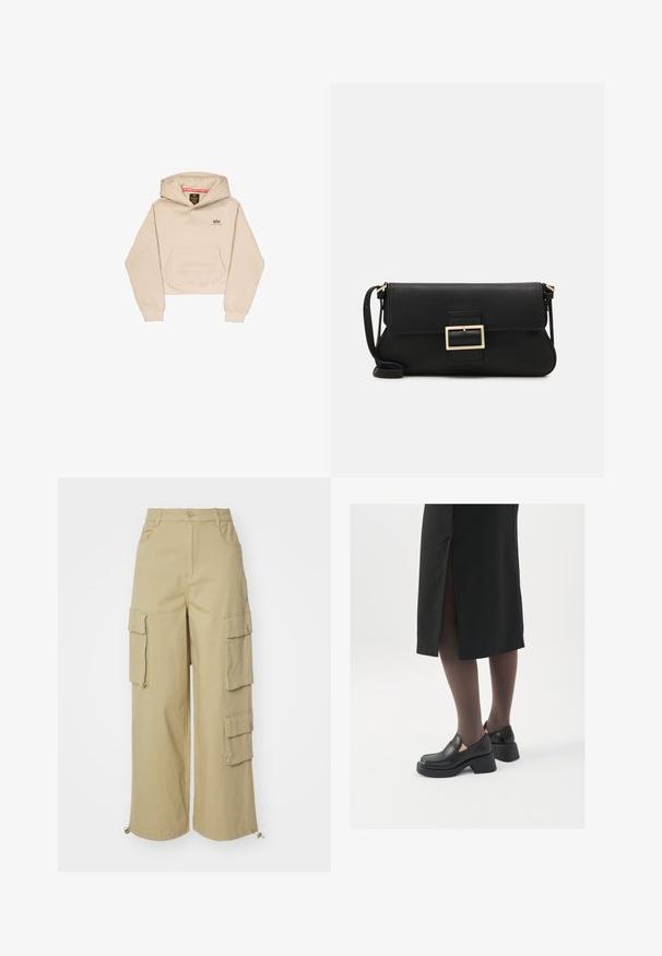 Kurtas bēšs kapucis, izgatavots no mīksta auduma, ar priekšējo kabatu, kapuci un mazo logotipu uz krūtīm. Gluda tekstūra un brīva piegriezuma.; Beige kravas bikses ar platām kājām, divām lielām sānu kabatām, priekšējām kabatām un auklas detaļu apakšmalā. Kokvilnas auduma maisījums.; Melni ādas apavi ar noapaļotu purngalu, biezām bloku papēžiem un elastīgiem sānu akcentiem, apvienoti ar tumšām zeķubiksēm un melnu svārku ar šķirbu.; Melnas ādas saķeres soma ar atloku un zelta metāla sprādzi. Ietver melnu siksnu un elegantu, minimālistisku dizainu.; Zelta auskari ar gludu, spīdīgu apdari. Apaļš dizains, kas ietver mazu tapu un caurspīdīgu pamatni drošai valkāšanai.