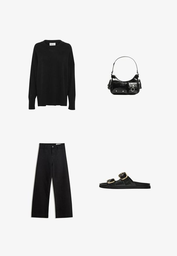 Črn pleten pulover z okroglim izrezom, spuščeno rameni ter rebrastimi manšetami in robom. Vsebuje subtilen detajl logotipa na manšeti.; Črne široke denim hlače z visokim pasom, ki imajo sprednje in zadnje žepe, šivane šive ter gumbasto zapiranje. Gladka tekstura.; Črne drsne sandale z dvema zlatima zaponkama, gladkega materiala, ravnim podplatom in minimalističnim dizajnom.; Črna lakasta usnjena torbica s ukrivljeno obliko, enim ramenskim trakom, sprednjimi žepi in srebrnimi kovinskimi dodatki.