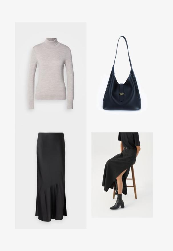 Hellgrauer Rollkragenpullover aus weichem Strickstoff mit langen Ärmeln und figurbetontem Schnitt, ausgestattet mit gerippten Bündchen und Saum.; Schwarzer Satin-Midi-Rock mit einem eleganten Design, der am Saum leicht ausgestellt ist und eine seitliche Schlitze für mehr Bewegungsfreiheit bietet. Glatte Textur.; Schwarzer Leinen-Maxi-Rock mit hohem Schlitz, getragen mit einem schwarzen T-Shirt und schwarzen Knöchelstiefeln. Minimalistisches Design mit lockerer Passform.; Schwarze Lederhandtasche mit einem weichen, lässigen Design. Verfügt über einen flachen Trageriemen und einen zentralen Verschluss, der mit einem goldenen Akzent verziert ist.