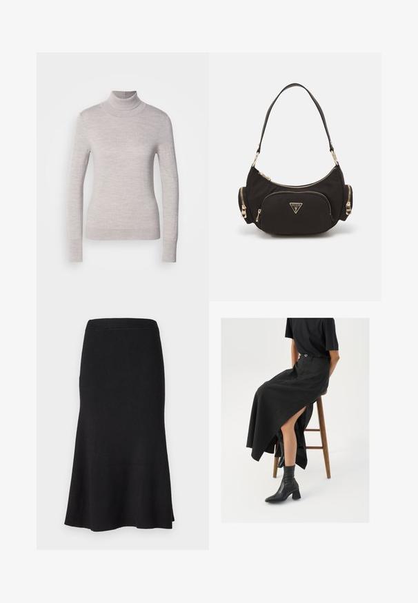 Light gray turtleneck sweater made of soft knit fabric, featuring long sleeves and a fitted silhouette with ribbed cuffs and hem.; Black ribbed knit skirt with a fitted waist and flared hem. Smooth texture, knee-length design, featuring an evenly distributed rib pattern.; Black linen maxi skirt with a high slit, worn with a black t-shirt and black ankle boots. Minimalistic design with a relaxed fit.; Black fabric shoulder bag with gold-tone hardware, featuring a main zip compartment and two smaller zip pockets on the sides.; Silver hoop earrings with a minimalist design. Circular shape, smooth texture, and thin profile. Lightweight with a polished finish.