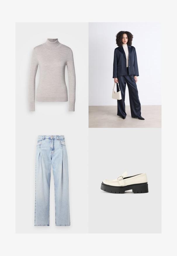 Light gray turtleneck sweater made of soft knit fabric, featuring long sleeves and a fitted silhouette with ribbed cuffs and hem.; Light blue denim jeans with a high waist, wide-leg cut, two side pockets, and pleated design feature. Soft texture with a faded finish.; White leather loafer with a chunky black platform sole, featuring a rectangular silver buckle and visible stitching detail on the upper.; Navy suit with a tailored blazer and wide-leg trousers, paired with a light-colored turtleneck. Holding a cream handbag with a strap detail.