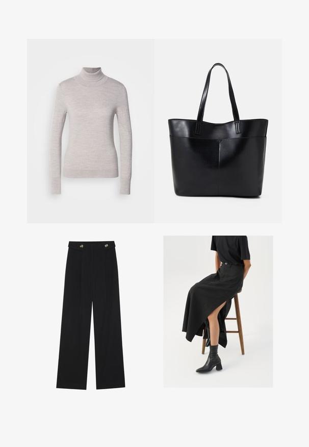 Pull à col roulé gris clair en tricot doux, doté de manches longues et d'une silhouette ajustée, avec des poignets et un ourlet côtelés.; Pantalons larges noirs à taille haute, avec des détails de boutons à la taille et des plis sur le devant.; Jupe maxi en lin noir avec une fente haute, portée avec un t-shirt noir et des bottes de cheville noires. Design minimaliste avec une coupe décontractée.; Sac fourre-tout en cuir noir avec deux longues poignées, une texture lisse et une forme structurée. Dispose d'une poche avant pour un rangement supplémentaire.