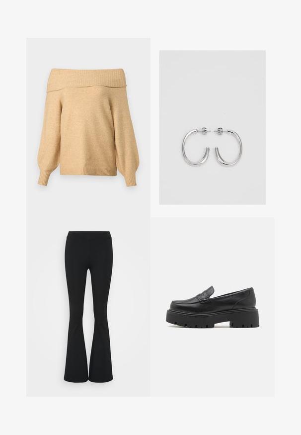 ONLY Tall ONLJEANETT LIFE OFF SHOULDER - Džemper - humus; Mustad flared püksid venivast kangast, kõrge vöökoht ja sile tekstuur. Püksid laienevad põlve kohalt.; Mustad mustad nahast loaferid madala, tükkidega kummitaldaga, ülaosas tikitud detailide ja siledaga tekstuuriga.; Hõbedased rõngaskõrvarõngad, millel on sile ja läikiv pind. Ümar kuju, kerge disain, millel on post-tagumise kinnituse süsteem.