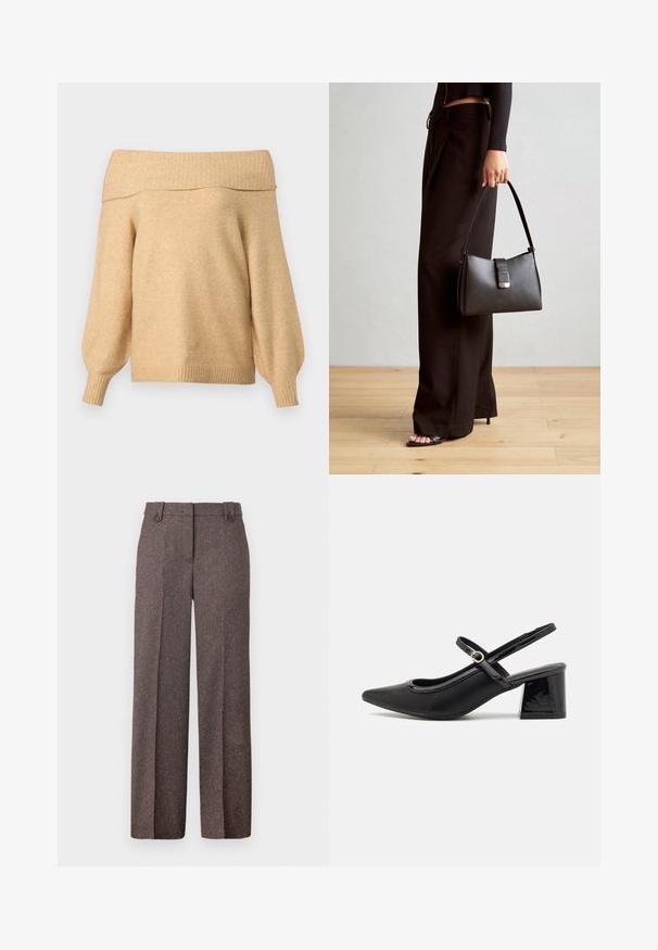 ONLY Tall ONLJEANETT LIFE beżowy; Brązowe spodnie z szerokimi nogawkami wykonane z teksturowanej tkaniny. Posiadają dwie przednie kieszenie oraz dopasowany krój z dwoma guzikami w pasie.; Czarne lakierowane czółenka na słupku ze spiczastym noskiem, lekko zaokrąglonym wycięciem i obcasem w kształcie bloku. Posiadają złotą klamrę jako akcent dekoracyjny.; Czarna torebka o usztywnionym kształcie, gładkiej fakturze i metalowym zapięciem. Połączona z szerokimi czarnymi spodniami i sandałami na otwartym palcu na drewnianej podłodze.