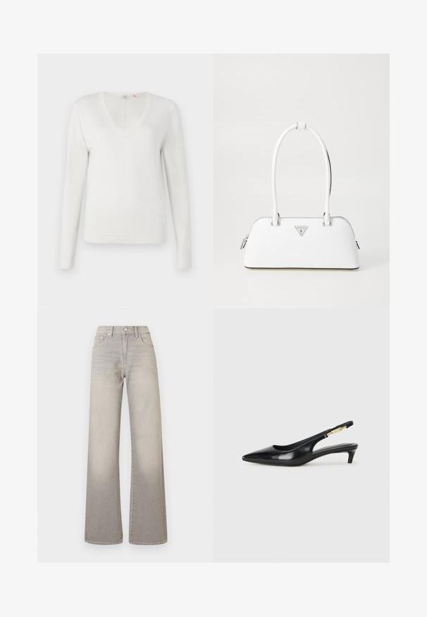 Biały sweter w serek, wykonany z miękkiego materiału, z długimi rękawami oraz prążkowanym wykończeniem dołu i mankietów; gładka tekstura, minimalistyczny design.; Szare dżinsy o szerokich nogawkach z wyblakłym wykończeniem, zapięcie na guzik, pięć kieszeni oraz przeszycia wzdłuż szwów.; Czarne skórzane szpilki typu slingback z ostrym noskiem, posiadające smukły obcas i złoty akcent na regulowanym pasku. Gładka tekstura.; Biała skórzana torebka o zaokrąglonym kształcie, z srebrnym trójkątnym logo i zamkiem błyskawicznym. Gładka faktura i podwójne uchwyty.