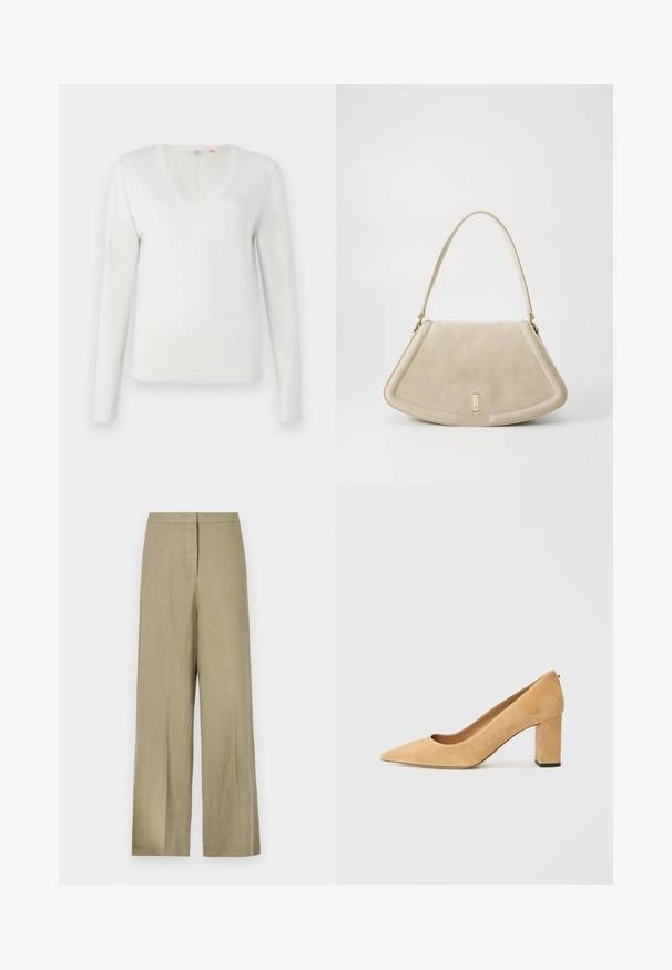 Vit V-ringad tröja i mjukt material, med långa ärmar och ribbad nederkant och ärmslut; slät textur, minimalistisk design.; Ljusgröna, vida byxor i linne. Har hög midja och en ren framsida med en enda veck.; Beige mockasinhög klack med spetsig tå och en kraftig blockklack. Materialet har en mjuk textur med en slät yta.; Beige mockaskväska med en rundad triangulär form, ett enda axelband och en guldfärgad detaljer på framsidan.
