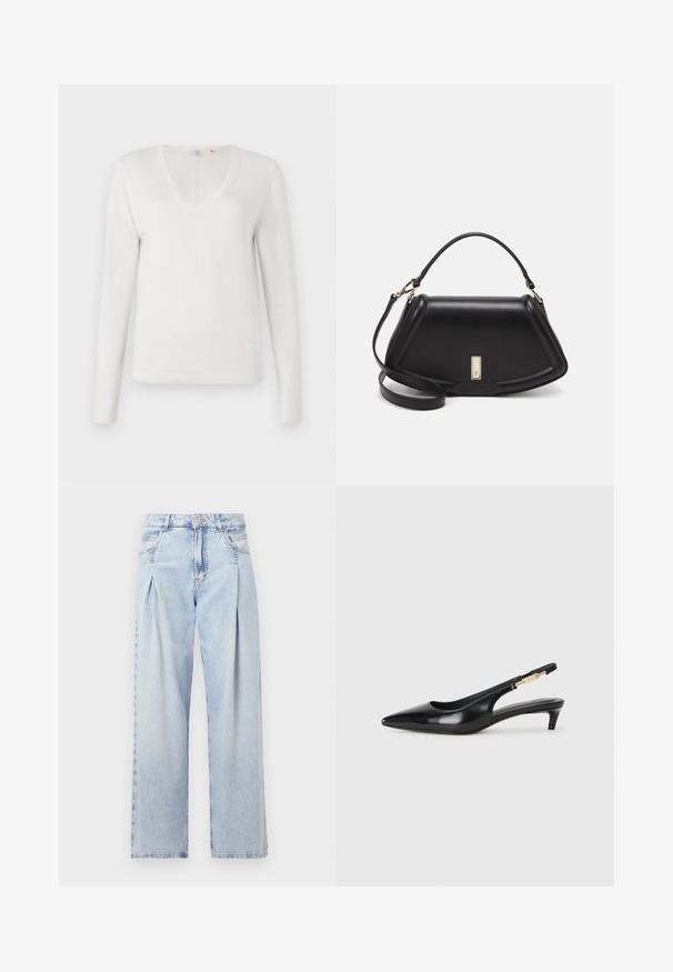 Weißer V-Ausschnitt-Pullover aus weichem Material, mit langen Ärmeln und geripptem Saum sowie Bündchen; glatte Textur, minimalistisches Design.; Helle blaue Denim-Jeans mit hoher Taille, weitem Beinschnitt, zwei seitlichen Taschen und gefaltetem Design. Weiche Textur mit einem ausgebleichten Finish.; Schwarze Leder-Slingback-Pumps mit spitzem Schuhblatt, ausgestattet mit einem schlanken Absatz und einem goldfarbigen Akzent am verstellbaren Riemen. Glatte Textur.; Schwarze Lederhandtasche mit einem strukturierten Design, das eine verkürzte Form, einen oberen Griff und goldfarbene Hardware-Details aufweist. Verstellbarer Schulterriemen ist enthalten.