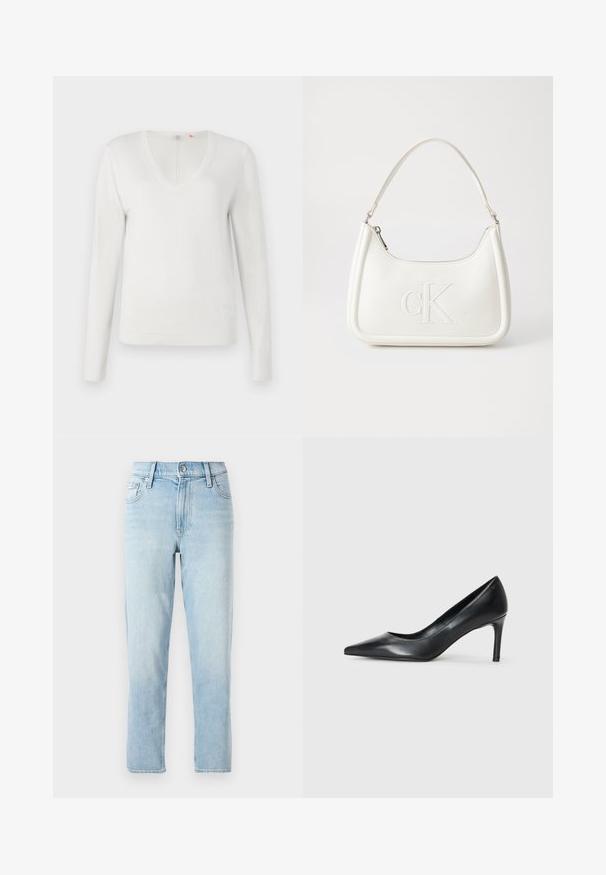 Valge V-kaelusega sviiter pehmest kangast, pikad varrukad ja soonikserv ning -ääred; sile tekstuur, minimalistlik disain.; Heledad sinine denimpüksid, sirge säärega disain, keskmise kõrge vöökoht, viie tasku stiil ja nööp sulgemine ees.; Must särava, terava nosaga mustad nahk kingad kitsaste kontsadega, sile tekstuur ja nähtavate dekoratsioonideta. Puhtad jooned ja minimalistlik esteetika.; Valge nahast käekott, millel on kumer kuju, esiküljel on reljeefne "CK" logo ja üks õlavarre rihm. Ülemine tõmblukkuu.