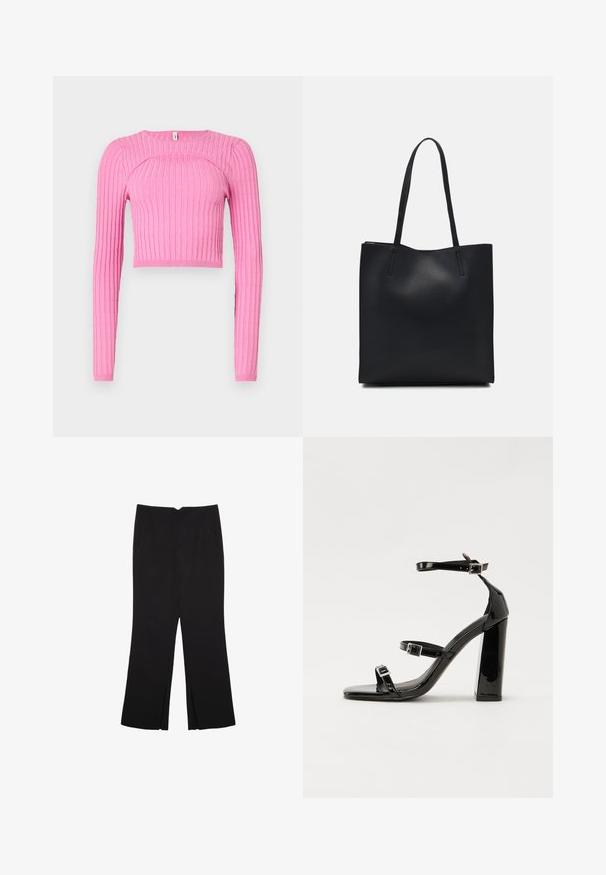 Roza rebrastica dolgimi rokavi odrezan top z okroglim izrezom in teksturiranim vzorcem. Tkanina izgleda pletena z elastičnimi zapestniki.; Črne hlače ravnega kroja z naglavnimi žepi in stranskimi razporki na robu. Narejene iz mehke, gladke tkanine. Primerne za različne priložnosti.; Črne lakirane sandale s peto, kvadratnim prstom, trakovi okrog gležnja in srebrnimi zaponkami. Opremljene so s stabilno Debelo peto.; Črna usnjena torba s svilnato teksturo, pravokotne oblike in dvema dolgima ročajema. Brez vidnih metalnih delov ali okrasnih elementov.