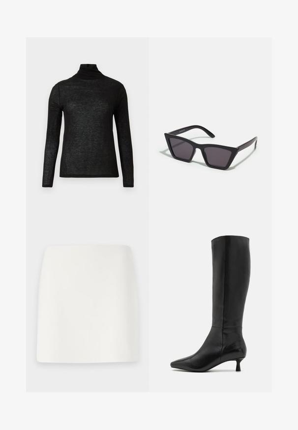 Melna garā piedurkne puscaurspīdīga tīklenes blūze ar šauru piegriezumu un vienkāršu dizainu uz baltā fona.; Balta, pieguļoša mini svārku ar gludu tekstūru un tīrām līnijām. Nav redzamu rakstu vai metalizācijas. Taisna apakšmala.; Zign Zābaki - black; Melni, stūrveida saulesbrilles ar pelēkiem objektīviem; izgatavotas no plastmasas, ar biezām kājām, kam ir gluda virsma un nav redzamu stiprinājumu.; Melnas zamšādas gēlu somiņa ar rāvējslēdzēju un noņemamu plaukstas siksniņu. Ar zelta tonis aparatūru un gludu, matētu tekstūru.