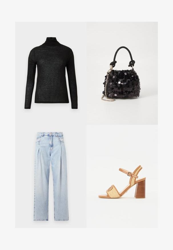 Schwarzes Langarm-T-Shirt mit semi-transparentem Stehkragen, schmal geschnitten und schlicht gestaltet auf weißem Hintergrund.; Helle blaue Denim-Jeans mit hoher Taille, weitem Beinschnitt, zwei seitlichen Taschen und gefaltetem Design. Weiche Textur mit einem ausgebleichten Finish.; Braune Leder- und geflochtene Stroh-Absatzsandalen mit einem Knöchelriemen, offenem Zeh und einem klobigen Holzähnlichen Absatz mit horizontalen Streifen.; Schwarze Pailletten-Mini-Handtasche mit einem geknoteten, strukturierten Tragegurt und einer silbernen Kette. Abgerundete Form mit gerafftem oberen Teil und reflektierenden Details.