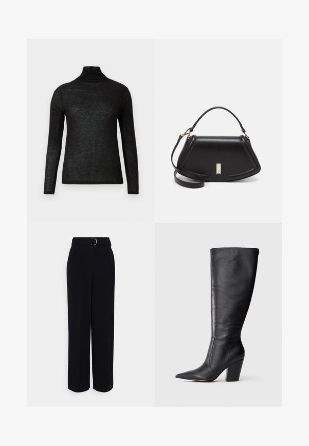 Must musta, pikkade varrukatega poolläbipaistva kõrge kaelusega top, kitsas lõige ja lihtne disain valgel taustal.; Mustad mustad püksid laia sääre kujundusega, millel on hõbedane kinnitusega vöö, voldid ja sile kangas.; Mustad musta nahkasaapad, millel on terav nina ja paks kõrge konts, esitatud vasakult külje profiilis valgel taustal.; Must mustrist käekott, millel on struktureeritud disain, lühendatud kuju, ülemine käepide ja kuldne metallist detail. Reguleeritav õlalihm on kaasas.