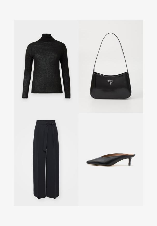 Zwarte langdigige semi-doorzichtige turtleneck top met een slim fit en een eenvoudig ontwerp op een witte achtergrond.; Zwarte wijde broek van zachte stof. Voorzien van een ceintuur en plooien aan de voorkant. Glad textuur met een strakke, hedendaagse stijl.; Zwarte leren muiltjes met een puntige neus en een lage, blokhak. Glad oppervlak met een gestroomlijnd ontwerp. Open achterkant met minimale details.; Zwarte lakleren schoudertas met een gebogen vorm, voorzien van een zilveren driehoeklogo en een ritssluiting. Gladde textuur en slanke schouderband.
