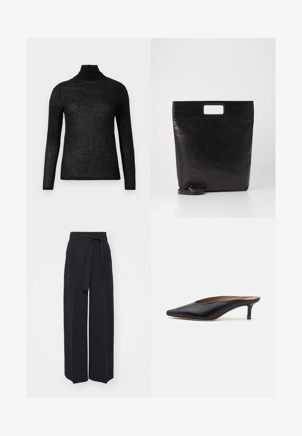 Schwarzes Langarm-T-Shirt mit semi-transparentem Stehkragen, schmal geschnitten und schlicht gestaltet auf weißem Hintergrund.; Schwarze weite Hosen aus weichem Stoff. Mit einem Gürteltäfelchen und vorderen Falten. Glatte Textur mit einem klaren, modernen Design.; Schwarze Leder-Mules mit spitzem Zehenbereich und niedrigem Blockabsatz. Glatte Textur mit elegantem Design. Offene Rückseite mit minimaler Gestaltung.; Schwarze Leder-Tote-Tasche mit einem quadratischen Griff, ausgestattet mit einer strukturierten Oberfläche und geprägtem Logo. Inklusive abnehmbarem Tragegurt.