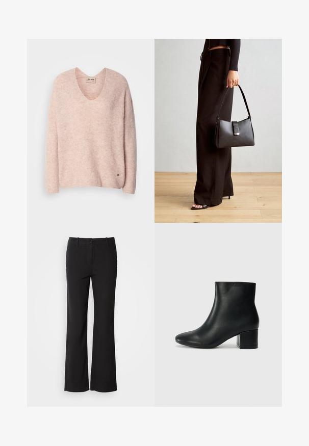 Pink knit sweater with a V-neck, long sleeves, and a relaxed fit. Features a subtle texture and a small logo accent near the hem.; Black cotton blend trousers with a straight-leg design, front button closure, and two side pockets. Smooth texture, no visible patterns.; Black leather ankle boots with a pointed toe and a chunky heel. Smooth texture with minimal accents and a sleek, fitted design.; Black handbag with structured shape, smooth texture, and a metallic clasp. Paired with wide black pants and open-toe sandals on wooden floor.