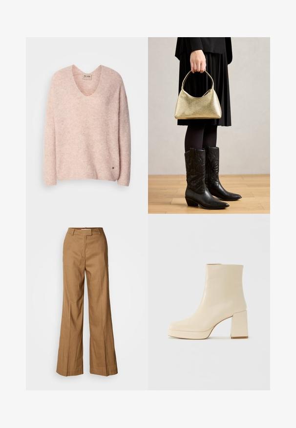 Rózsaszín kötött pulóver V-nyakkal, hosszú ujjakkal és laza szabással. Finom textúrával és egy kis logóval a szegély közelében.; Barna, széles szárú nadrág könnyű anyagból. Jellemzője a sima elülső rész, övhurkok és az alakra szabott sziluett, boka hosszúságú kivitelben.; Beige bőr bokacsizma bársonyos felülettel, tömbsarokkal és platform talppal, enyhén szögletes orral, balra nézve, fehér háttér előtt.; Arany textúrájú kézi táska, ívelt formával és rövid pánttal, amelyet egy fekete pliszírozott szoknyát és fekete bőr cowboy csizmát viselő személy tart.