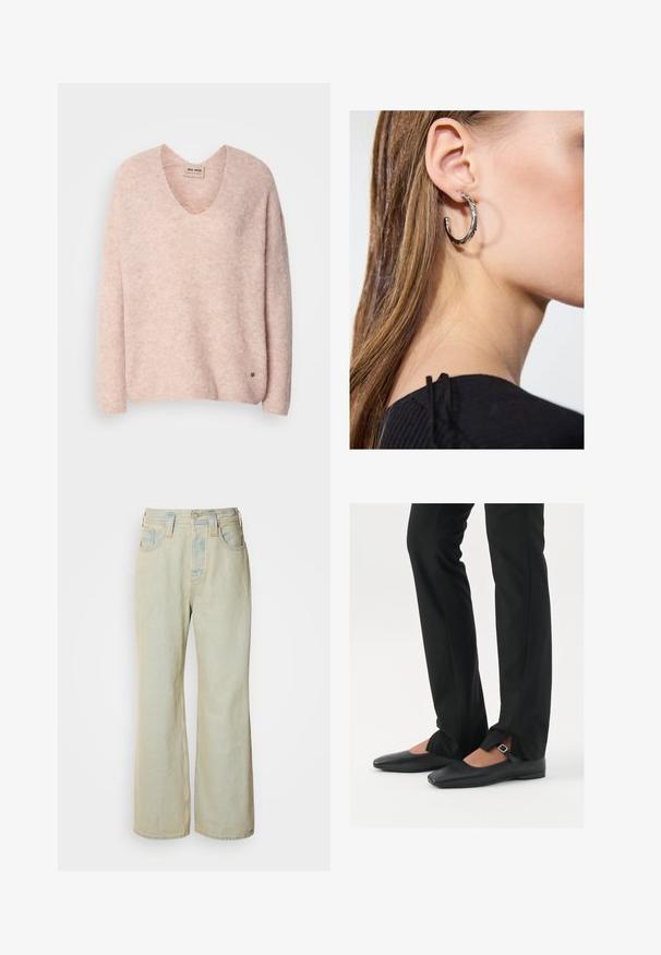 Pull en tricot rose à col en V, à manches longues et coupe décontractée. Présente une texture subtile et un petit logo près de l'ourlet.; Jean large bleu clair en denim, avec une taille haute, cinq poches, et un léger délavage avec des accents de couture contrastante.; Ballerines en cuir noire avec un bout pointu, sangle avec boucle en argent, associées à un pantalon noir sur mesure avec un ourlet fendu.; Boucle d'oreille en argent avec une finition polie, présentant de petits détails en or et de forme ronde, portée sur le lobe.