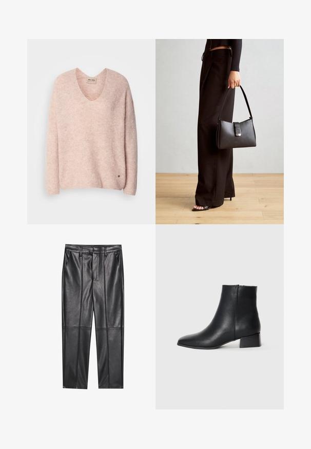 Roza pletena majica z V-izrezom, dolgimi rokavi in sproščenim krojem. Ima subtilno teksturo in majhen logotip blizu roba.; Črne usnjene hlače z gladko teksturo, z ravnim krojem, dvema sprednjima žeparjema in vidnimi šivi.; Črne usnjene gležnjarje s koničastim nosom in nizko blok peto, ki se ponašajo z gladko teksturo in minimalističnim dizajnom.; Črna torbica z strukturirano obliko, gladko teksturo in kovinskim zaponko. Ujemajo se z širokimi črnimi hlačami in odprtimi sandali na lesenem tleh.