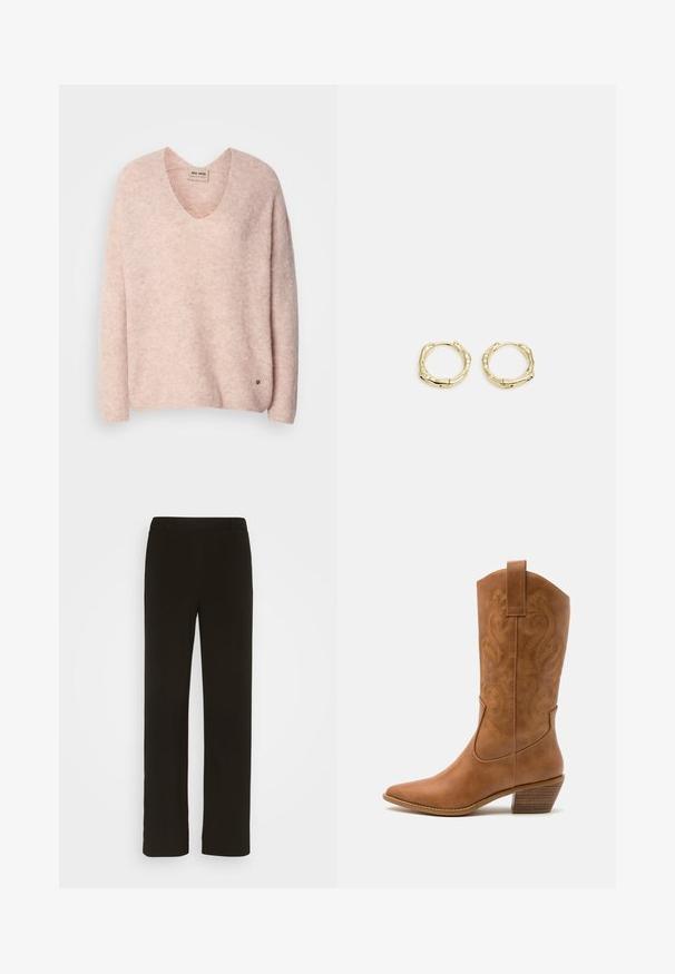 Pull en tricot rose à col en V, à manches longues et coupe décontractée. Présente une texture subtile et un petit logo près de l'ourlet.; Pantalons noirs à jambe droite en tissu tissé, avec une taille plate, deux poches latérales et une texture lisse. Aucuns motifs ni accents visibles.; Bottes de cow-boy en cuir tan avec un bout pointu, des motifs en spirale brodés sur la tige, et un talon bloc empilé. Équipées d'une languette pour un enfilage facile.; Boucles d'oreilles en or en forme de cerceau avec une texture et une forme irrégulière. Présentent une fermeture sans couture et une finition polie, soulignant un design moderne.