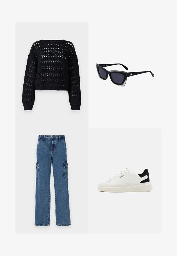Mustat virkatut neuleet, joissa on löysä, paksu neulomismalli, leveät hihat ja lyhyt malli. Ribbaus helman ja hihansuissa.; Siniset farkkukankaiset cargo-housut rentoa istuvuutta, joissa on kaksi sivutaskua, vahvistetut saumat ja suora lahje.; Valkoiset nahkakengät paksulla valkoisella pohjalla, mustalla mokkanahkaosuudella kannassa ja kohokuvioitu logo sivulla. Nauhakeskitys kuudella reiällä.; Mustat ylisuuret aurinkolasit, joissa on geometrinen muoto, tummat linssit ja kehykseen erottuva harmaa yksityiskohta. Logo varressa.