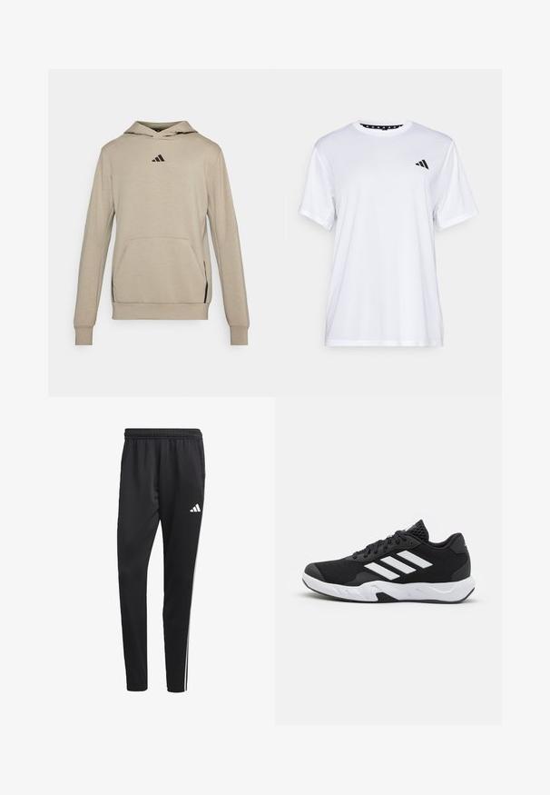 Beige kapucnis pulóver fekete logóval, elülső kenguruzsebbel, hosszú ujjakkal és bordázott mandzsettákkal, puha anyagból készült.; Fehér sportpóló rövid ujjal, nedvességelvezető anyagból készült. A bal mellrészen fekete logó található, és a nyak belső része mintás.; Fekete sportnadrág rugalmas derékkal, fehér oldalsávokkal és egy kis fehér logóval a combon. Simaságáért és könnyű anyagáért kedvelt.; Fekete sportcipők, textúrált hálós felsőrésszel, fehér díszcsíkokkal, párnázott talppal és megerősített sarokkal a stabilitás érdekében.