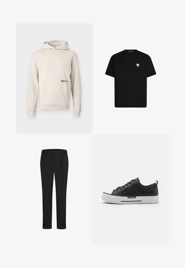 Heledad heledbeige sweatshirt, mis on valmistatud pehmest kangast, esiosal on tasku ja all vasakul on väike must logo.; Mustvalg mustast puuvillast t-särk lühikeste varrukatega, ümar kaelus ja väike valge südame graafika vasakul rinnal.; Mustad püksid elastse vöökohtaga, sirge jala kujundusega ja üles keeratud äärtega. Valmistatud siledast, kudumisega kangast, ilma mustriteta.; Mustvalguse madala varbaga tennis jalanõud, musta mustriga kangast pealisosa, valge kummist varvakatte, tekstureeritud tald ja logoga aktsent küljel. Metallist silmused nööride jaoks.