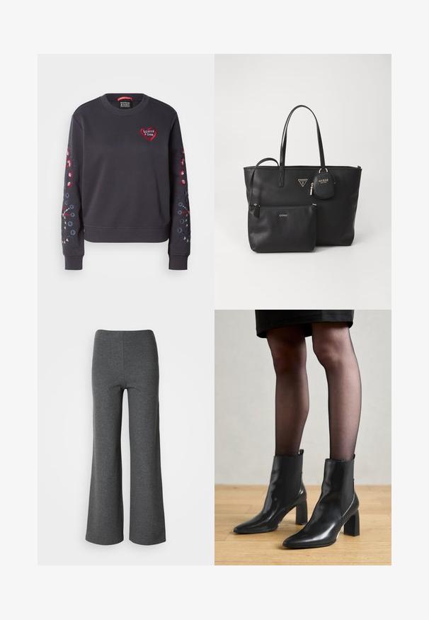 Dark gray sweatshirt with round neck, featuring red heart logo and colorful floral embroidery on sleeves. Soft fabric, ribbed cuffs.; White long-sleeve button-up shirt with a collar and chest pocket, displayed against a plain background.; Gray wide-leg trousers made of soft fabric, featuring a smooth texture and a high-waisted design with no visible fastenings.; Black leather ankle boots with a pointed toe, chunky square heel, and sleek design. Features elastic side panels for easy wear.; Black faux leather tote bag with two straps, a front zipper pocket, and a detachable pouch. Gold hardware accents highlight the brand logo.; Silver hoop earring with a polished finish, featuring small gold accent details and a round shape, worn on the lobe.