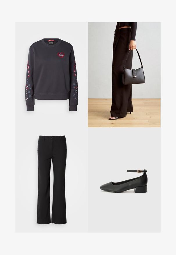 Dark gray sweatshirt with round neck, featuring red heart logo and colorful floral embroidery on sleeves. Soft fabric, ribbed cuffs.; Black cotton blend trousers with a straight-leg design, front button closure, and two side pockets. Smooth texture, no visible patterns.; Black leather pump with a pointed toe and a low block heel. Features an ankle strap with a gold-tone buckle. Smooth texture.; Black handbag with structured shape, smooth texture, and a metallic clasp. Paired with wide black pants and open-toe sandals on wooden floor.