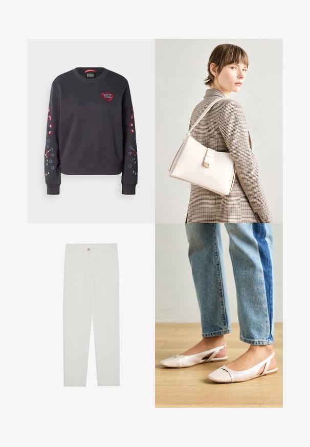 Sweatshirt gris foncé avec col rond, arborant un logo en forme de cœur rouge et une broderie florale colorée sur les manches. Tissu doux, avec des poignets côtelés.; Pantalon blanc sur mesure avec une coupe droite, doté d'une fermeture à bouton, de passants de ceinture et de poches latérales ; texture de tissu lisse.; Ballerines slingback rose pâle avec un bout pointu, fabriquées en un matériau semblable au cuir lisse. Présentent des découpes sur les côtés et un talon plat.; Sac à main en cuir blanc au design structuré, doté d'un fermoir magnétique et d'une bandoulière, présenté sur un fond neutre.