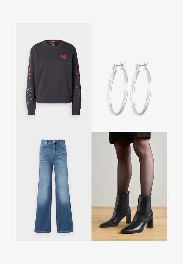 Dunkelgrauer Pullover mit Rundhalsausschnitt, ausgestattet mit rotem Herzlogo und buntem Blumenstickerei an den Ärmeln. Weicher Stoff, gerippte Bündchen.; Hellblaue Jeans in weiter Beinform mit hohem Bund, ausgestattet mit fünf Taschen, Gürtelschlaufen und einem subtilen Verblassen zum Saum hin.; Schwarze Leder-Ankle-Boots mit spitzer Zehenform, klobigem quadratischem Absatz und schlankem Design. Verfügt über elastische seitliche Einsätze für leichtes An- und Ausziehen.; Silberne Creolen mit einer glatten, polierten Oberfläche. Runder Form und sicherem Klickverschluss. Leichtes Design, geeignet für den täglichen Gebrauch.