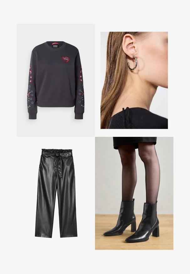 Sweatshirt gri închis cu gât rotund, având logo-ul unui inima roșie și broderie florală colorată pe mâneci. Material moale, manșete ribbate.; Pantaloni largi din piele ecologică negri, cu un talie elastică, cu volane, și un curea detasabilă. Textură netedă și luciu minim.; Botine negre din piele, cu vârful ascuțit, toc pătrat masiv și un design elegant. Au panouri laterale elastice pentru o îmbrăcare ușoară.; Cercel din argint cu un finisaj polișat, având detalii mici din aur și o formă rotundă, purtat pe lobul urechii.