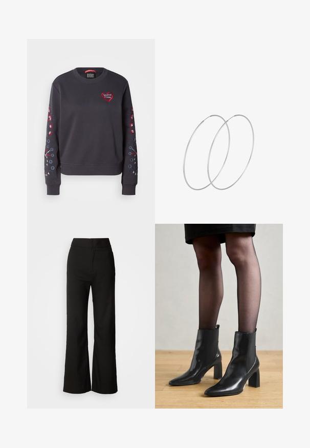Dunkelgrauer Pullover mit Rundhalsausschnitt, ausgestattet mit rotem Herzlogo und buntem Blumenstickerei an den Ärmeln. Weicher Stoff, gerippte Bündchen.; Schwarze weit geschnittene Hosen mit glatter Textur, hoher Taille und klarem Design. Keine sichtbaren Taschen oder Verzierungen.; Schwarze Leder-Ankle-Boots mit spitzer Zehenform, klobigem quadratischem Absatz und schlankem Design. Verfügt über elastische seitliche Einsätze für leichtes An- und Ausziehen.; Silberne Creolen mit minimalistischem Design. Rundform, glatte Oberfläche und dünnes Profil. Leichtgewichtig mit hochglänzender Oberfläche.
