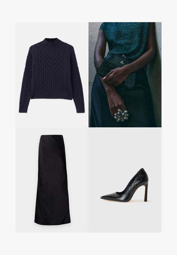 Pull en maille bleu marine avec un motif texturé en vagues, un col montant et des poignets et un ourlet côtelés pour un ajustement structuré.; Norma Kamali BIAS OBIE SKIRT - Jupe longue - black; Escarpin noir à bout pointu avec texture en cuir de crocodile, présentant un design élégant, un haut talon aiguille et un intérieur noir lisse.; Sac à main en cuir noir à motif crocodile avec des finitions en métal argenté, posé sur un fond texturé gris. Présente une surface brillante.