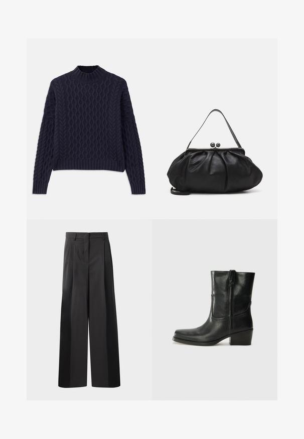 Námornícky modrý pletený sveter so štruktúrovaným vlnitým vzorom, s vysokým výstrihom a rebrovanými manžetami a spodným lemom pre štruktúrovaný strih.; Čierne široké nohavice s vysokým pásom, so záhybmi vpredu, hladkou textúrou a prispôsobeným strihom. Navrhnuté pre uvoľnený strih.; Čierne kožené členkové topánky s okrúhlou špičkou, blokovým podpätkom, bočným zipsom a prešívaním na priehlavku. Hladká textúra, klasický dizajn.; Čierna kožená kabelka s zaobleným, nariadeným dizajnom. Disponuje kovovým zapínaním s dvoma dekoračnými guľôčkami a tenkým, odnímateľným popruhom.