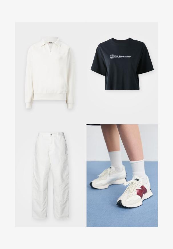 Crewneck-Pullover aus cremefarbener Baumwolle mit Polo-Kragen, langen Ärmeln und geripptem Saum. Dezentes Logo-Detail auf der Brust.; Gekürztes schwarzes Baumwoll-T-Shirt mit kurzen Ärmeln, das weißen Text "Vice Sportswear" und eine runde Grafik auf der Vorderseite zeigt.; Weiße Cargo-Hosen aus Denim mit lockerer Passform, Seitentaschen und sichtbaren Nähdetails. Schlichte Vorderseite mit Knopfverschluss.; Ein Paar weiße Sneakers mit kastanienbraunen Akzenten, strukturierten Paneelen, flacher schwarzer Außensohle und hellen Schnürsenkeln, getragen mit weißen Knöchelsocken.