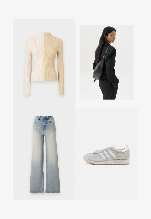 Rippstrick-Rollkragenpullover mit langen Ärmeln, der ein zweifarbiges Design in Elfenbein und Beige zeigt und kontrastierende Texturen und Farben betont.; Hellblaue weit geschnittene Jeans aus Denim, mit hoher Taille, fünf Taschen und sichtbaren Nähten entlang der Säume.; Hellgraue Sneaker aus Wildleder und Mesh, mit drei weißen Streifen, runder Zehenpartie und einer Sohle aus Gummi. Goldenes Logo-Detail nahe der Schnürsenkel.; Frau mit langen dunklen Haaren, die einen schwarzen Anzug trägt und eine schwarze Lederschultertasche hält, schaut über ihre Schulter vor einem weißen Hintergrund.