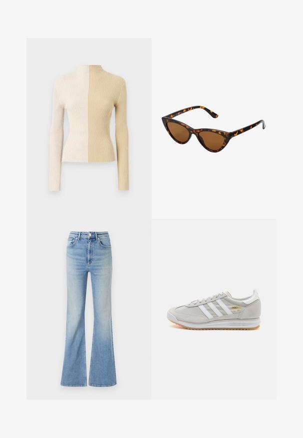 Ribiga kaelusega kampsun pika varrukaga, kahe tooniga disainis koore- ja beežvärviga, rõhutades vastandlikke tekstuure ja värve.; Heledad sinine flared teksapüksid, millel on kõrge vöökoht, viie tasku disain ja peen gradiseeruv hägusus alates hemist.; Heled hallid tossud, mis on valmistatud nubukist ja võrgust, millel on kolm valget triipu, ümmargune varvas ja kummist tald. Kuldne logoelement paelte lähedal.; Kassi vormiga prillid musta ja oranži kilpkonnakujulise raami, pruunide läätsede ja elegantsete teravate otstega. Templi juures on minimaalne logo.