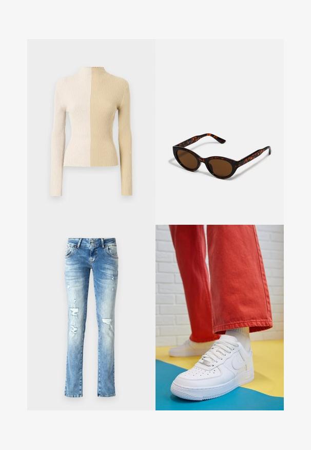Maglione a collo alto a coste con maniche lunghe, caratterizzato da un design bicolor in crema e beige, che mette in risalto texture e colori contrastanti.; Jeans in denim blu chiaro con una vestibilità rilassata, caratterizzati da dettagli strappati, una chiusura con bottoni a due pulsanti e gamba dritta.; Sneaker bianco in pelle con punta perforata, suola testurizzata e lacci bianchi, abbinati a pantaloni rossi larghi e uno sfondo blu e giallo.; Occhiali da sole tartarugati marroni con forma vintage a occhio di gatto e lenti marroni. Presentano bracci curvi con accenti rossi.; Orecchini a cerchio in oro con una finitura liscia e lucida. Design circolare con un piccolo perno e una chiusura trasparente per un indosso sicuro.