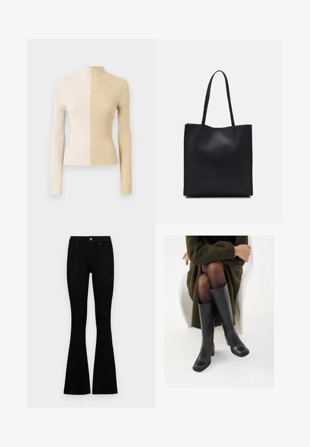 Ribotaus kaklo megztinis su ilgomis rankovėmis, pasižymintis dviejų spalvų dizainu kreminės ir smėlinės spalvų, pabrėžiantis kontrastingas tekstūras ir spalvas.; Juodos aukšto liemens džinsai su mygtuku ir užtrauktuku, priekinėmis kišenėmis ir platėjančiomis kojomis, išdėstyti ant baltos fono.; Juodos odinės pradžios ilgio bateliai su kvadratu formos nosimi ir bloko kulnu, demonstruojami su modeliu, sėdinčiu alyvuogių žalios spalvos švarku. Lygi tekstūra, minimalus puošimas.; Juodas odinis tote krepšys su lygia tekstūra, stačiakampio formos ir dviem ilgais rankenomis. Matomų metalinių detalių ar puošybos nėra.