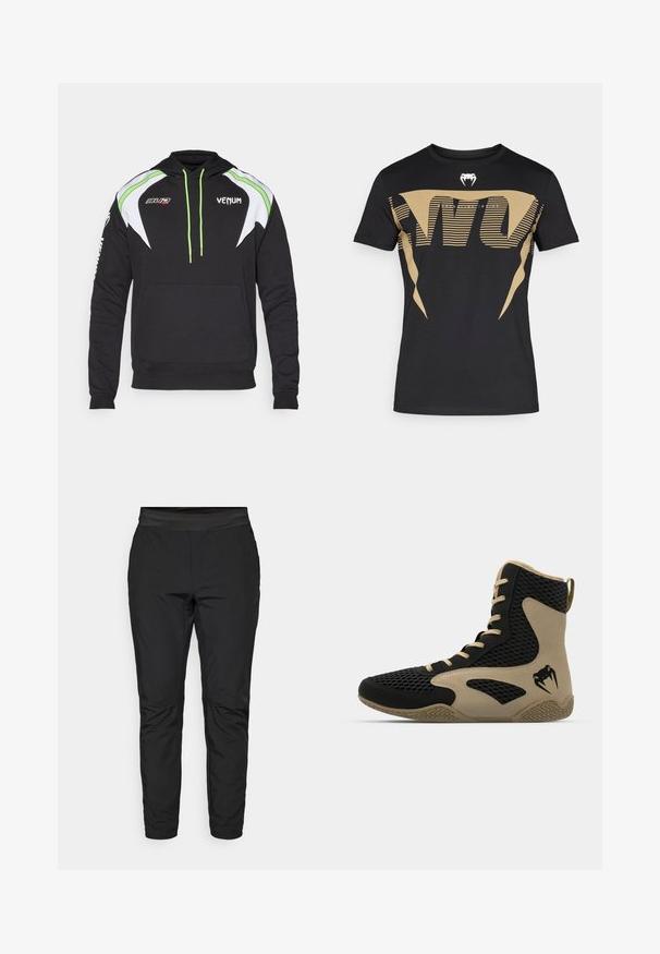 Felpa nera con dettagli bianchi e verdi lime, dotata di tasca frontale, stringhe e loghi sul petto e sulla manica. Tessuto morbido.; Maglietta nera in cotone con un grande e audace motivo grafico dorato a strisce e logo cobra sul petto. Taglio classico con scollo rotondo.; Pantaloni neri elasticizzati con un design aderente, vita elastica e tasche con zip. Texture liscia con una finitura leggermente lucida.; Scarpa sportiva alta con esterno in rete nera e dettagli color beige. Suola in gomma testurizzata e logo sul lato.