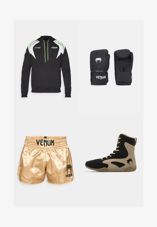 Μαύρη ζακέτα με λευκές και λαχανί λεπτομέρειες, διαθέτοντας μπροστινή τσέπη, στροφές και λογότυπα στο στήθος και στο μανίκι. Μαλακό ύφασμα.; Χρυσά σατέν μποξέρ με μαύρο λογότυπο "VENUM" στη μέση και στο πλάι, διαθέτουν λεία υφή και ελαστική ζώνη για άνεση.; Αθλητικά παπούτσια τύπου ψηλή με μαύρο διχτυωτό εξωτερικό και εκρού λεπτομέρειες. Υφή από καουτσούκ στην σόλα και λογότυπο στη πλευρά.; Μαύρα γάντια μποξ με λεία υφή, που διαθέτουν λευκό λογότυπο Venom και προσαρμόσιμο ιμάντα με αυτοκόλλητο για ασφαλή εφαρμογή.