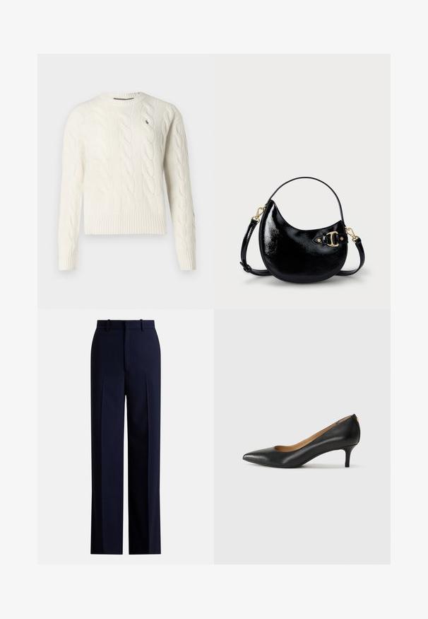 Pulover de tricot cu fir de culoare crem, cu manșon lung și gât rotund, având un mic logo brodat pe partea stângă a pieptului.; Pantaloni bleumarin cu croială dreaptă, având pliuri, buzunare pentru curea și textură netedă. Confecționați dintr-un material ușor.; Pantofii din piele neagră au vârful ascuțit, toc mic și o textură netedă. Au o deschidere ușoară în față și un hardware minim în spate.; Geantă de mână din piele patent neagră, cu o formă curbă, curea ajustabilă și detalii din metal auriu pe lateral. Textură netedă și lucioasă.