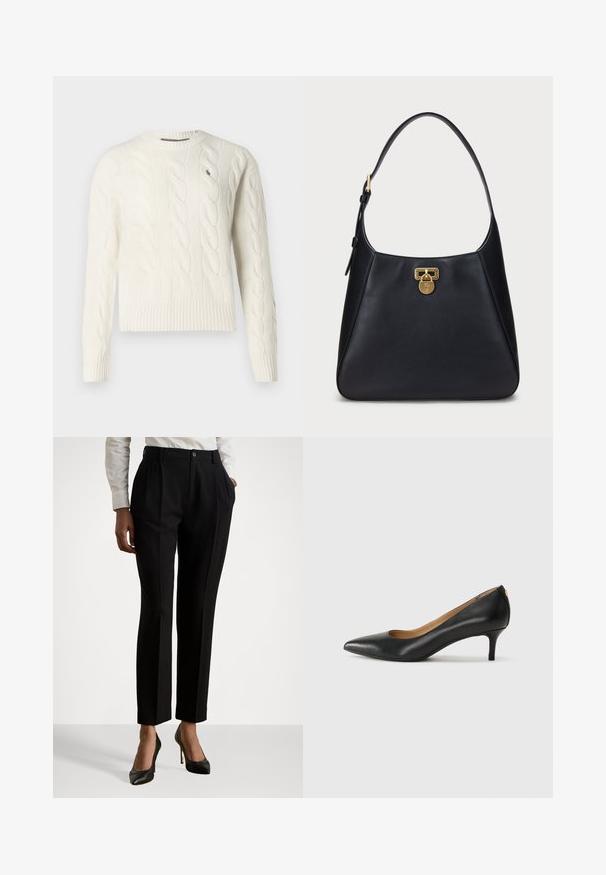 Krēmkrāsas adītā džemperī ar garām piedurknēm un apaļu kakla izgriezumu ir neliels izsistais logo kreisajā krūtī.; Melnas pielāgotas bikses ar augstu jostasvietu, ar piedurknēm, pogu aizvēršanu un sānu kabatām. Izgatavotas no gludas auduma.; Melnas ādas augstpapēžu kurpes ar pīlādžu purngalu, zemu papēdi un gludu virsmu. Raksturīga neliela atvere priekšā un minimāls aprīkojums aizmugurē.; Melna ādas plecu soma ar izliektu dizainu, kurai ir zelta slēdzene un noapaļota siksna. Gluda tekstūra ar minimāliem akcentiem.