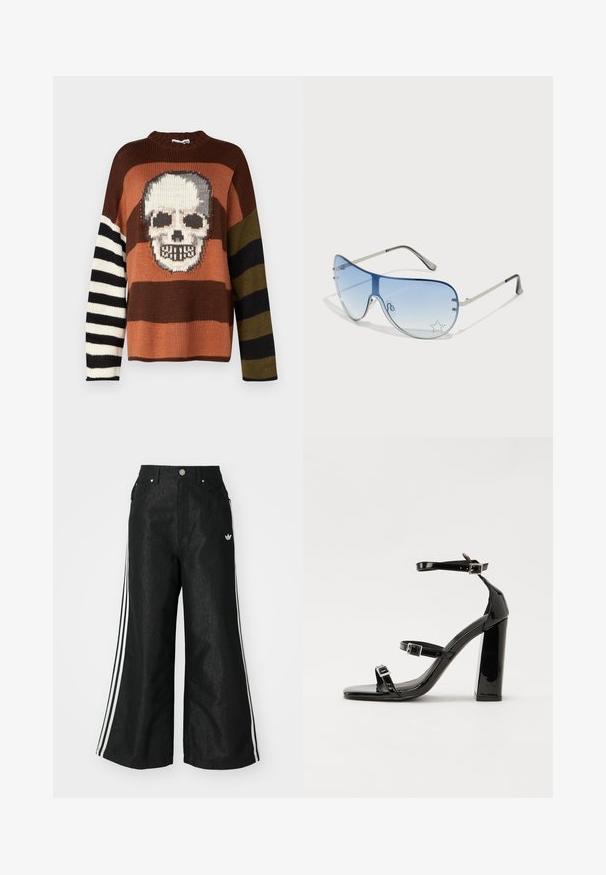 The Ragged Priest VERTEX - Jumper - multi; Black wide-leg denim pants with three white stripe accents on each side and a small white logo. Features front pockets and a button closure.; Black patent heeled sandals with a square toe, ankle straps, and silver buckles. Features a chunky block heel for stability.; Aviator sunglasses featuring a gradient blue lens, silver metal frame, and decorative star accents on the lens. Smooth and sleek design.