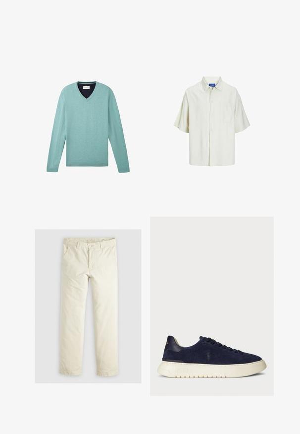 TOM TAILOR Strickpullover - hellgrün; Kurzarm-Hemd aus leichtem Creme-Stoff, mit einer einzelnen Brusttasche, lockerer Passform und klassischem Kragendesign.; Helle beigefarbene, lässig geschnittene Hose mit drei Taschen, Gürtelschlaufen und geradem Bein. Hergestellt aus einem weichen Baumwoll-Mix.; Navy Wildleder Sneaker im niedrigen Schnitt mit strukturierter Oberfläche, Gummisohle und passenden Schnürsenkeln, ausgestattet mit einem kleinen Logo an der Seite und am Absatz.