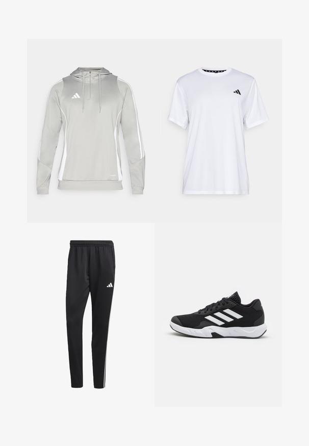 Világosszürke kapucnis sweatshirt, cipzáros nyakkal, fehér díszcsíkokkal és hímzett logóval. Simaságával és puha tapintásával sportos anyagból készült.; Fehér sportpóló rövid ujjal, nedvességelvezető anyagból készült. A bal mellrészen fekete logó található, és a nyak belső része mintás.; Fekete sportnadrág rugalmas derékkal, fehér oldalsávokkal és egy kis fehér logóval a combon. Simaságáért és könnyű anyagáért kedvelt.; Fekete sportcipők, textúrált hálós felsőrésszel, fehér díszcsíkokkal, párnázott talppal és megerősített sarokkal a stabilitás érdekében.