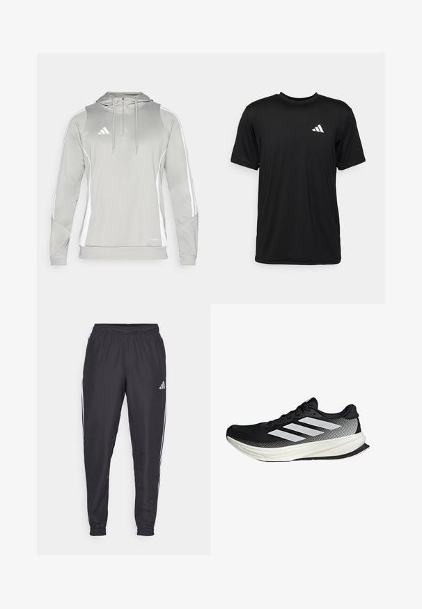 Lichtgrijze hoodie met een ritskraag, witte accentstrepen en een geborduurd logo. Gemaakt van een gladde, atletische stof met een zachte textuur.; Zwarte T-shirt met korte mouwen, gemaakt van lichtgewicht, vochtafvoerend materiaal. Bevat een wit logo op de bovenste linkerkant van de borst.; Zwarte sportieve broek met een elastische tailleband, voorzien van witte strepen aan de zijkanten en een klein logo op de heup. Gladde textuur.; Zwarte sportieve schoen met een mesh ontwerp, voorzien van witte strepen, een ronde neus en een gestructureerde zool voor grip en ondersteuning.