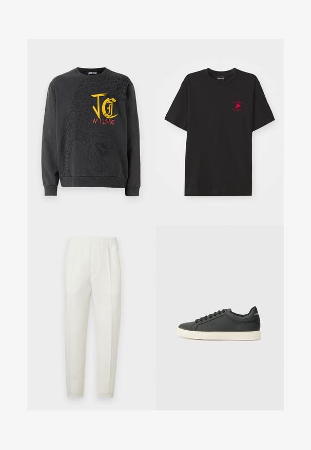 Svart sweatshirt med ett leopardgrafik och texten "JC MILANO" i gult och rött. Tillverkad av mjukt tyg med ribbad mudd.; Svart bomulls T-shirt med rund hals och korta ärmar; har röd broderad "Emporio Armani"-logotyp och hjärta på bröstområdet.; Vita slim-fit byxor med elastisk midjeresår, utrustade med två sidofickor och en slät, lätt glansig yta.; Svart lädersneaker med låg profil, rund tå och snörning; har en texturerad gummisula och logotypdetalj på hälen.