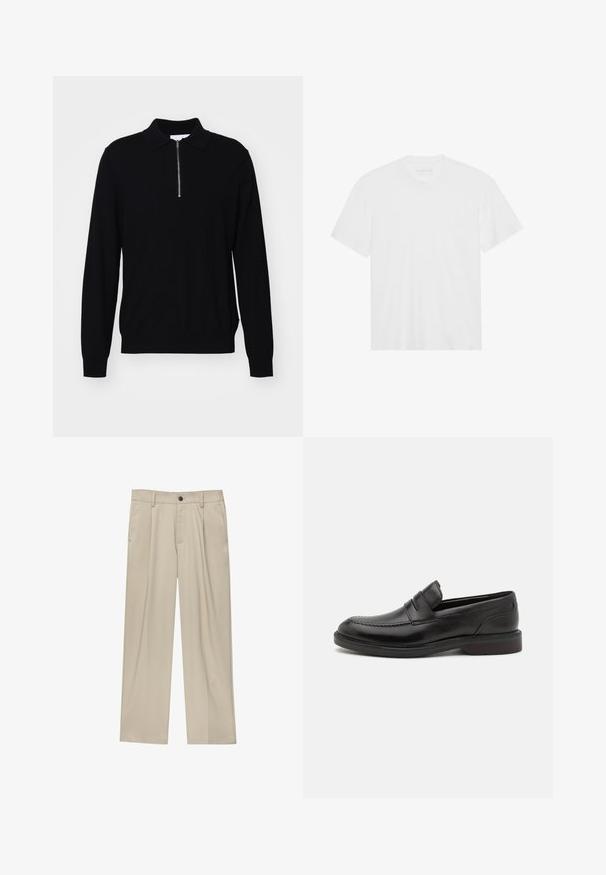 Schwarzer Pullover mit langen Ärmeln und Reißverschlusskragen, aus Strickstoff gefertigt. Hat eine taillierte Passform sowie gerippte Bündchen und Saum.; Weißes Baumwoll-T-Shirt mit kurzen Ärmeln, Rundhalsausschnitt und geradem Saum. Glatte Textur, minimalistisches Design ohne Muster oder Akzente.; Beige Hosen mit geradem Schnitt, ausgestattet mit einem einzelnen schwarzen Knopf, Gürtelschlaufen und Seitentaschen. Glatte Stofftextur und minimalistisches Design.; Schwarze Lederloafers mit genähter Zehenpartie, zwei horizontalen Riemen über dem Blatt und einem Holzabsatz. Glatte Textur und abgerundete Form.