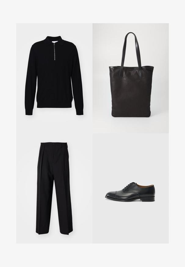Zwarte longsleeve trui met een ritscol, gemaakt van gebreide stof. Heeft een slim fit ontwerp en ribbelmanchetten en -zoom.; Zwarte geplooide broeken met een rechte, brede pijpontwerp. Gemaakt van soepele stof, met een knoopsluiting en riemlussen.; Zwarte leren dress shoe met een gladde afwerking, ronde neus, vijf gaten voor veters, en een lage blokhak. Minimalistisch ontwerp met subtiele stiksels.; Zwarte canvas schoudertas met zwarte leren handvaten. Eenvoudig ontwerp, ruime body en een gladde textuur. Geen zichtbare logo's of patronen.